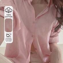 Fashion Women's Clothing  Blusa suelta de unicolor con botones para mujer, de moda para el verano y el otoño, top de manga larga - Rosa - Ver 2