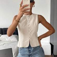 Fashion Women's Clothing  Camisas sin mangas de unicolor de tela texturizada con abotonadura, para verano - Azul - Ver 7