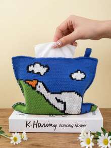 1 pieza Funda decorativa para caja de pañuelos, patrón de pato mirando al cielo, punto jacquard azul tranquilo, caja organizadora de pañuelos - Multicolor - Ver 10