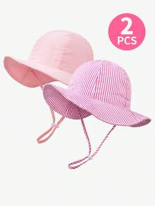 2Pcs Baby Girls' Strawberry Print & Solid Wide Brim Sun Hat, Adjustable Chin Strap UV Protection Bucket Hats For Toddler Kids Summer Beach Outdoor Activities - 2pcs - View 10