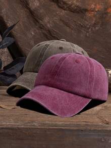 2pcs Unisex Solid Color Adjustable Washed Baseball Cap, Casual Outdoor Fashion - Wine Red + Brown - View 2