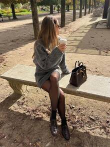 Women's Fuzzy Knit Two Pieces Set, Round Neck Loose Sweater + Elastic Waist Mini Skirt, Fashionable Autumn Outfit - Grey - View 3