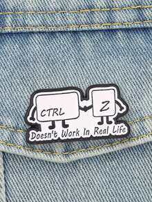 1 pieza Broche de esmalte con tecla de acceso directo Ctrl+C de dibujos animados creativos, decoración con texto manuscrito en blanco y negro "No funciona en la vida real", accesorio de moda para ropa y mochilas, regalo para amigos - Blanco y Negro - Ver 4
