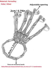 1pc Hip-Hop Punk Style Exaggerated Vintage Texture Skull Bracelet Adjustable Five-Finger Ring Metal Connected Finger Bracelet Men's Halloween Party Costume Essential Accessory (Please Check The Size Chart When Purchasing) - Silver - View 10
