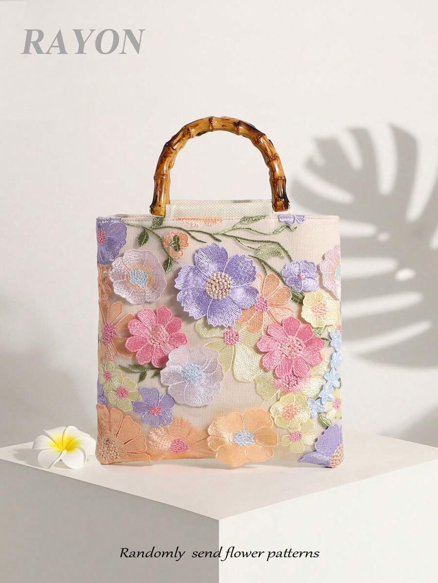 1個花卉圖案網格刺繡提花復古竹柄托特包，亞麻底布，適合海灘、度假、旅行、搭配洋裝休閒穿著，花卉圖案隨機剪裁 - 粉色 - 查看 1