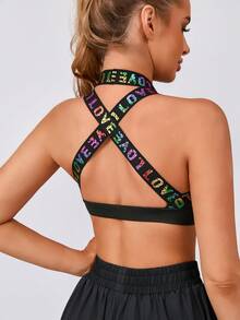Women's Fashion V-Neck Removable Padded Criss-Cross Strap Sports Knit Bra - Black - View 2