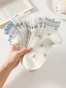 4 pares de calcetines cortos para mujer, estilo minimalista y cómodo, versátiles calcetines cortos con estilo de bosque, calcetines cortos con encaje floral y flores, calcetines casuales para estudiantes, adecuados para vacaciones, uso diario, trabajo, deportes, primavera/verano/otoño, colores aleatorios - Multicolor - Ver 9