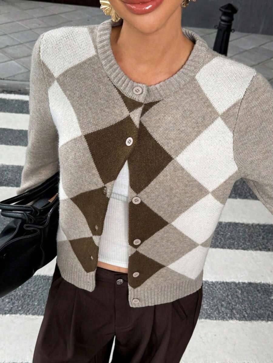 Plus Size Women's Round Neck Argyle Knit Cardigan, Autumn/Winter Long Sleeve Short Style, Daily Casual Essential - Multicolor - View 1