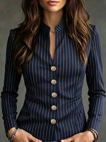 Women's Retro Striped Long Sleeve Blazer Jacket, Stand Collar, Silver Buttons, Polyester, Regular Length, Work Wear Style, Autumn/Winter Fall - Royal Blue - View 2
