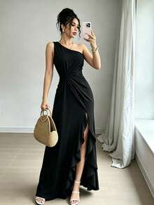 Vestido Largo Blanco Elegante Hombro Único con Abertura y Volantes para Fiesta, Boda o Evento Formal - Negro - Ver 1