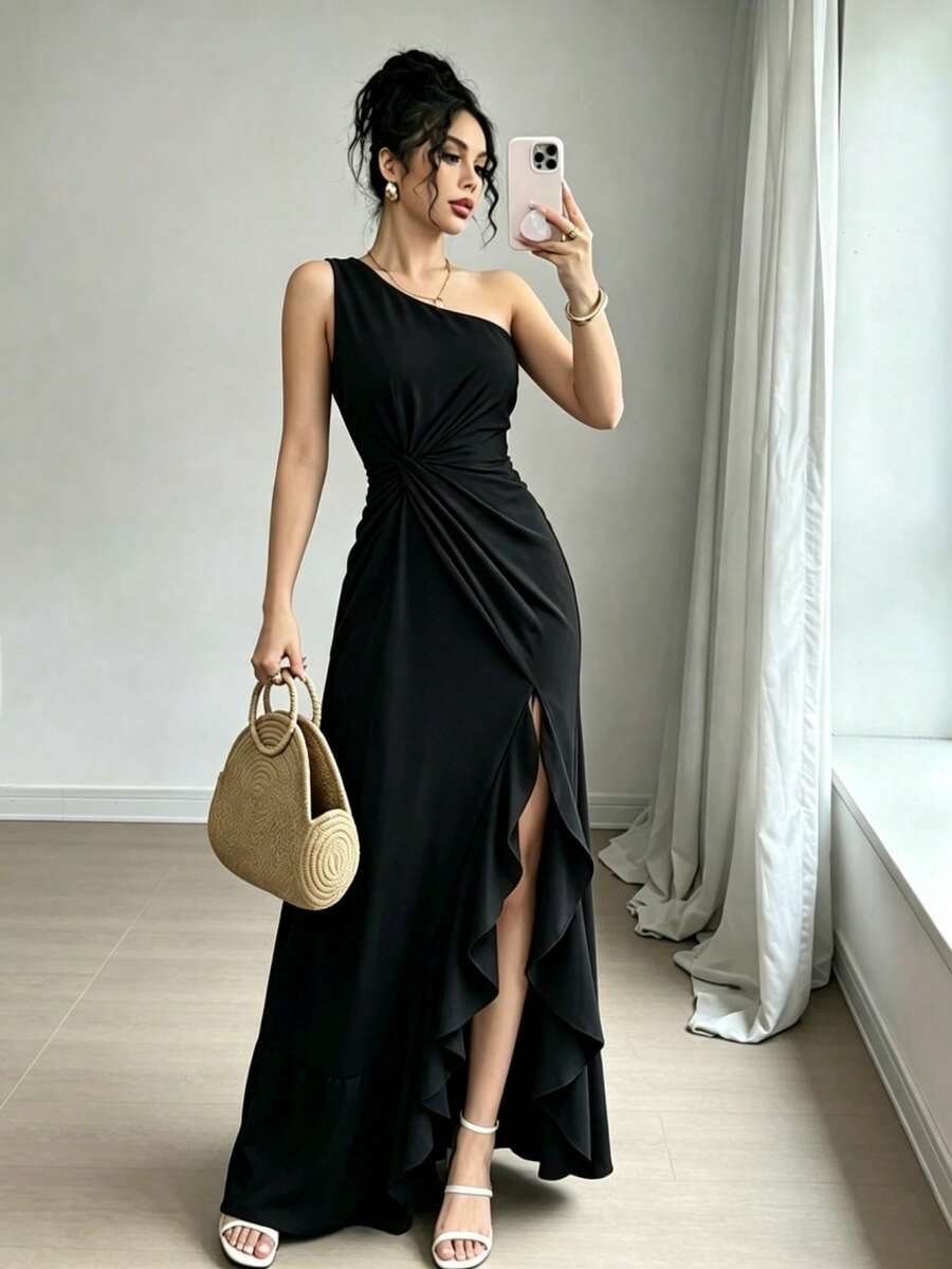 Vestido Largo Blanco Elegante Hombro Único con Abertura y Volantes para Fiesta, Boda o Evento Formal - Negro - Ver 1