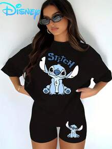 The Lilo & Stitch "Cute Stitch" T-Shirt & Biker Shorts Set Is A Casual T-Shirt And Yoga Pants Set For Women, Perfect For Summer Travel And Relaxation At Home. It's A Disney-Licensed, Stylish, Soft, And Comfortable Sportswear Set. - 黑色 - 查看 1