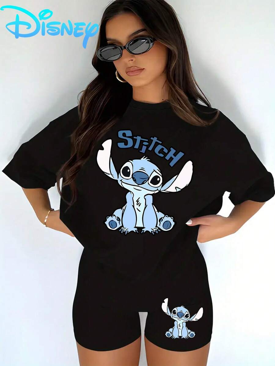 The Lilo & Stitch "Cute Stitch" T-Shirt & Biker Shorts Set Is A Casual T-Shirt And Yoga Pants Set For Women, Perfect For Summer Travel And Relaxation At Home. It's A Disney-Licensed, Stylish, Soft, And Comfortable Sportswear Set. - 黑色 - 查看 1