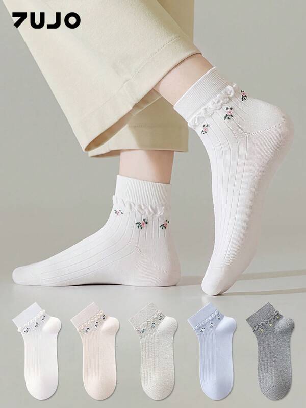 ZUJO 5 pares de calcetines cortos con estampado floral pequeño para mujer, antideslizantes, minimalistas y cómodos, adecuados para primavera y verano