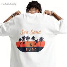 Men's T-Shirt Sea Sand Palm Sunset Surf Comfortable And Versatile Outdoor Casual Short Sleeve - White - View 1
