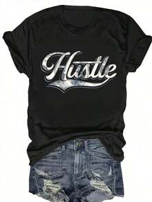 Red T-Shirt With Cursive "Hustle" And "S" Lettering, Retro Chinese Print, Short Sleeves, Crew Neck, Breathable, Relaxed H-Line Fit For Leisure Wear, Sweat-Wicking Soft Fabric, Suitable For Daily Commuting, Relaxing, And New Year's Party Outfits. - 黑色 - 查看 1