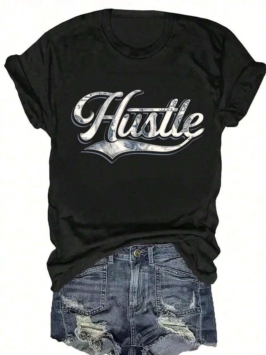 Red T-Shirt With Cursive "Hustle" And "S" Lettering, Retro Chinese Print, Short Sleeves, Crew Neck, Breathable, Relaxed H-Line Fit For Leisure Wear, Sweat-Wicking Soft Fabric, Suitable For Daily Commuting, Relaxing, And New Year's Party Outfits. - 黑色 - 查看 1