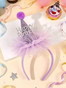 1pc Happy Birthday Purple Tulle Headband, Rhinestone Birthday Hat Headband, Fashion Hair Accessory, Holiday Decor Gift For Girls - Multicolor - View 2