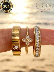 3pcs/Set 18K Gold Plated Delicate Minimalist Floral Ring Set, Stainless Steel Anti-Fade & Hypoallergenic, Suitable For Daily, Party And Occasions, Great Gift For Valentine's Day, Mother's Day, Friends And Family - Gold - View 3