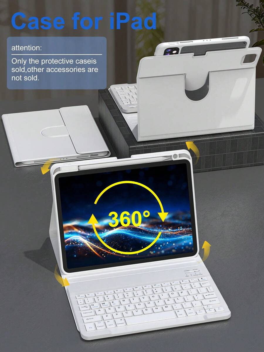 360° Rotating Keyboard Case Compatible With Ipad A16 (11th/10th Gen), 9th/8th/7th Gen (10.2"), Air (10.9"/11"), Made Of TPU Flip Cover PU Leather, Wireless Bluetooth Keyboard (150mAh Battery) And Stand Included, Silver Gray