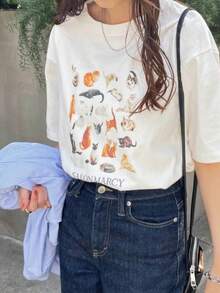 Cat Print White Short-Sleeved T-Shirt, 100% Cotton, Women's, Cute, Casual, Domestic Shipping. New Summer Style, Summer Wear. (Please Refer To The Size Chart To Choose Your Size.) - White - View 2