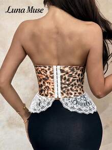 Luna Muse Top Corsé Vintage con Estampado de Leopardo para Mujer Primavera/Verano, Bustier Ajustado con Volantes y Cordones, Top Corto Sexy Estilo Y2K Coquette con Estampado de Guepardo, Top Tubo sin Tirantes Ajustado, Adecuado para Fiestas, Festivales de Música, Discotecas, Día de San Valentín, Halloween y Otras Ocasiones - Blanco - Ver 3