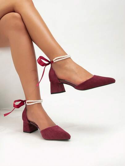 New Fashion Women's Burgundy High Heel Shoes With Pearl Bow Decor, Pointed Toe Chunky Heel Sandals, Mary Jane Wedge Shoes For Summer, Autumn & Winter