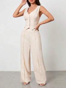 PETITE Conjunto de chaleco sin mangas con cuello abierto y pantalones informales - Albaricoque - Ver 6