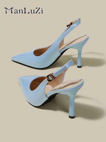 ManLuZi Zapatos de tacón bajo tipo kitten de punta puntiaguda en PU azul para mujer, elegantes zapatos de vestir formales con cierre de hebilla, tacones altos cerrados para fiesta con correa de tobillo