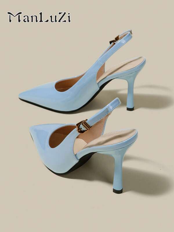 ManLuZi Women's Blue PU Pointed Toe Kitten Heel Pumps, Elegant Formal Dress Shoes With Buckle Closure, Closed Toe Party High Heels With Ankle Strap