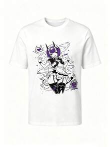 Camiseta informal de manga corta y cuello redondo para niño suave con estampado de anime de doncella, ideal para primavera y verano.Black - Blanco - Ver 3