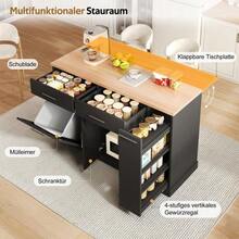 Kitchen Island On Casters With Fold-Down Worktop, Kitchen Trolley With Waste Bin, 4-Tier Spice Rack, 2 Drawers And Lockable Casters, 120 * 45 (70) * 93 Cm - Black - View 7
