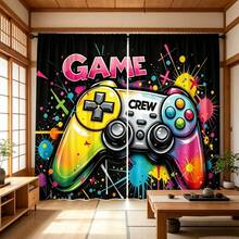 2 piezas Combinación de pantalla de ventana digital de alta definición, impresa con colores vibrantes y diseño de controlador de juego estilo graffiti, tela de poliéster lavable a máquina, perfecta para la decoración del hogar en la sala de estar y el dormitorio, mejora el efecto visual de las barras de cortina en el dormitorio y el estudio - Multicolor - Ver 2