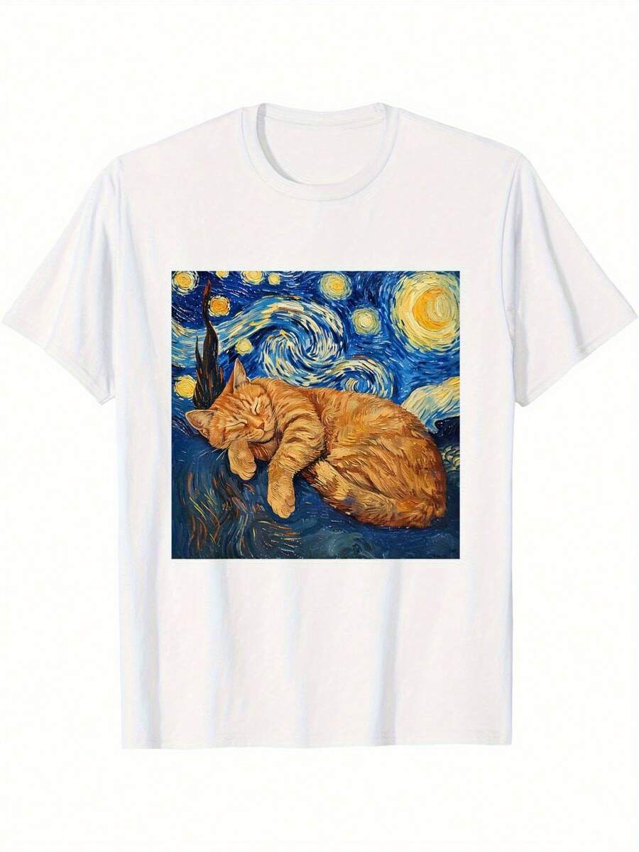 Men's Short-Sleeved, Crew-Neck T-Shirt With An Orange Cat And Spiral Star Design, Ideal For Casual Wear In All Seasons - 白色 - 查看 1