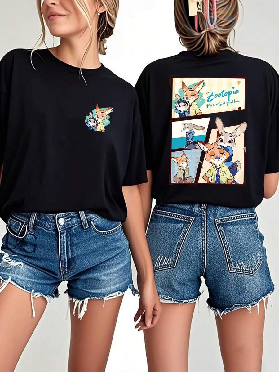 Disney Officially Licensed 100% Cotton T-Shirt, Unisex Short-Sleeve T-Shirt, Disney-Authorized Women's T-Shirt |     Zootopia Design Short-Sleeve Crew-Neck Casual Top For Spring And Summer, Soft And Breathable Fabric For Theme Events And Everyday Wear - 黑色 - 查看 1