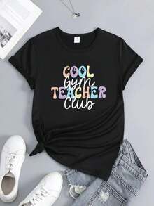 Camiseta de verano para mujer, talla grande - 1 pieza de camiseta para maestra - top elástico con la frase "Cool Teacher Club" impresa, tela transparente de alta elasticidad, adecuada para clases y uso casual - ropa de mujer lavable a máquina, camiseta con estampado divertido, construcción duradera, diseño, material transpirable, camiseta, camiseta de cuello redondo. - Negro - Ver 2