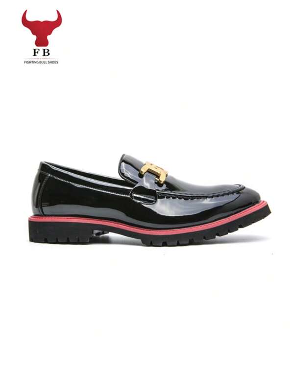  GEDOUGONGNIU Men's Patent Leather Loafers, Black With Red Sole, Gold Chain Buckle Slip-On Shoes, British Style Thick Sole Casual Dress Shoes For Parties, Weddings & Daily Wear