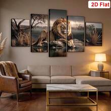 5 piezas de arte en lienzo sin marco con impresión abstracta moderna de león, decoración de pared de león, león majestuoso en su hábitat natural con agua reflectante y vegetación, lienzo con marco de madera para decoración de sala de estar, dormitorio, oficina, listo para colgar - león - Ver 1