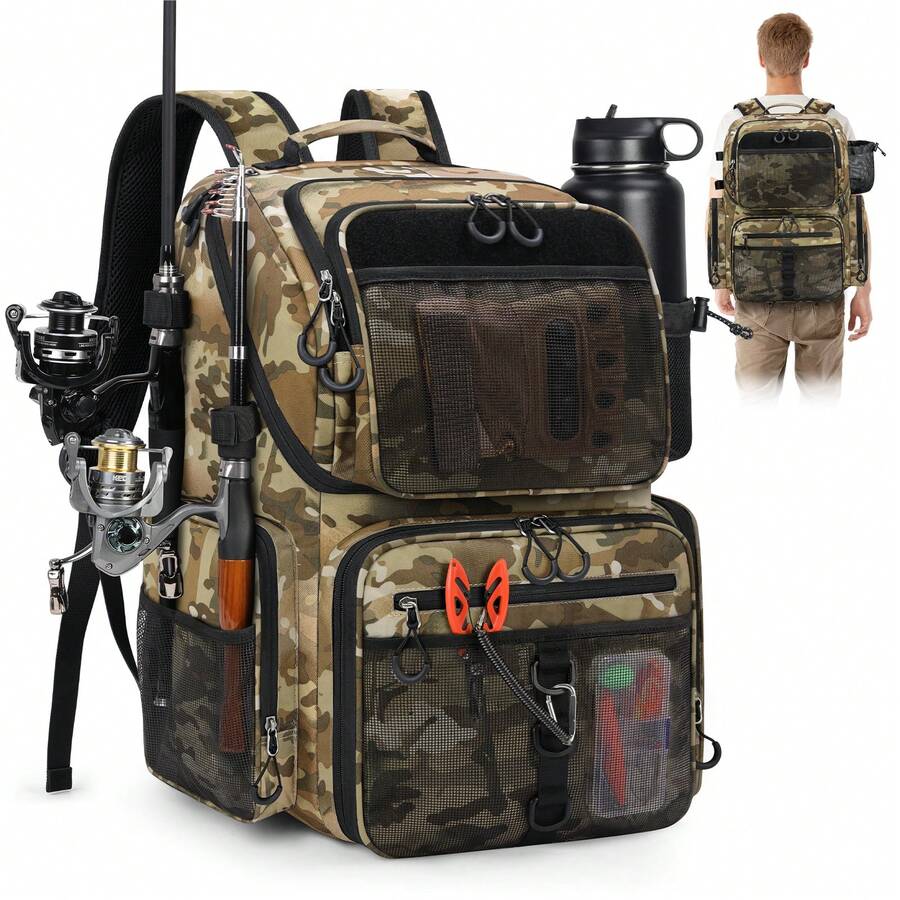 45L Fishing Backpack With Rod Holders & Rain Cover Large Water Resistant Fishing Tackle Bag Store Fishing Gear
