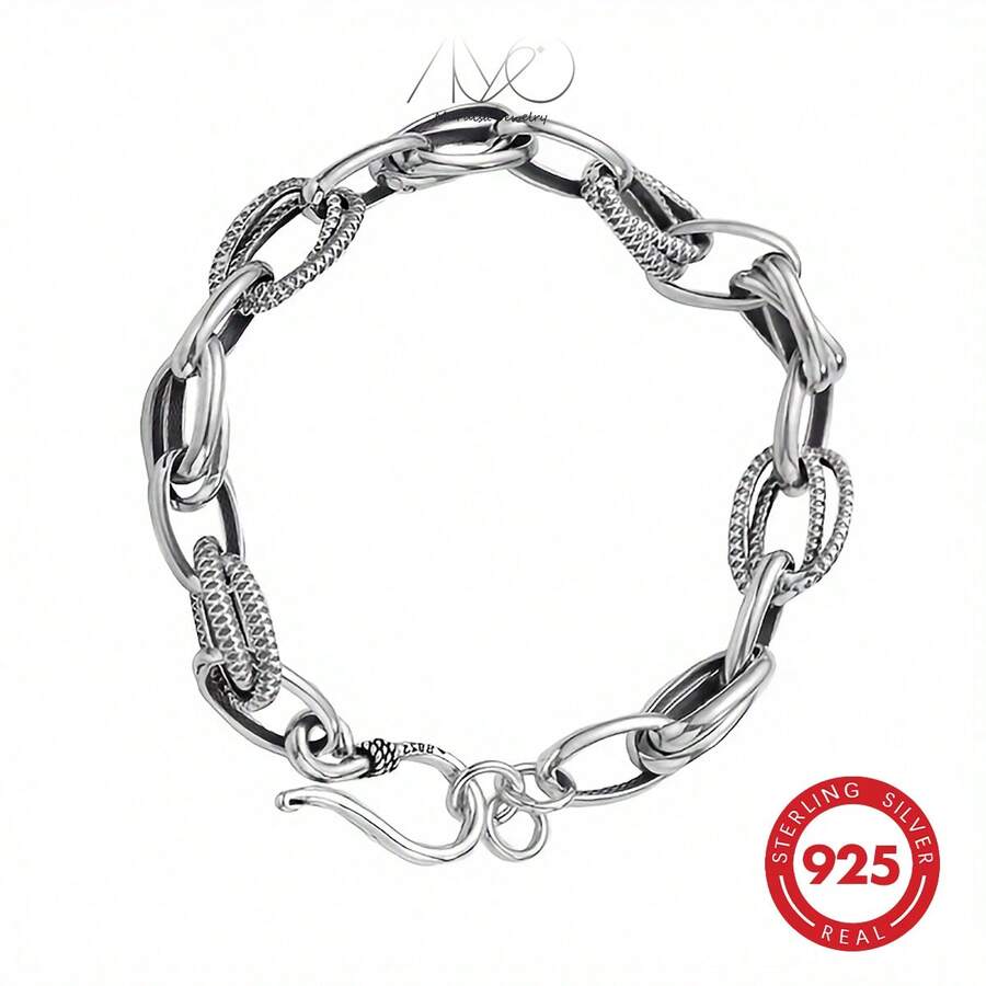 Vòng tay bạc 925 kiểu dáng cổ điển, mài mòn theo phong cách hiphop, thích hợp để đeo hàng ngày, dự tiệc, làm quà tặng cho gia đình và bạn bè, quà sinh nhật, kèm hộp quà. - Màu Bạc Cổ - Xem 1
