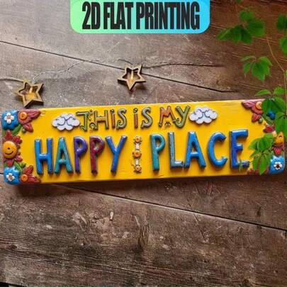 2D Flat - Large Flat 2D Retro Style Wall Plaque "This Is My Happy Place" - Decorative Plaque, Bright Yellow Smiling Sun, Clouds And Flowers, Paired With Colorful Letters, 40.01 X 10.01 Cm, Suitable For Cafe, Office Joyful Metal Art Decor, Room Decor Gift (Style Random)