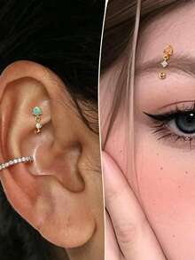 Vintage Rook Earrings Dangle 16G Pink Opal Eyebrow Rook Rings Stainless Steel Rook Eyeborw Piercing Jewelry - A - View 2