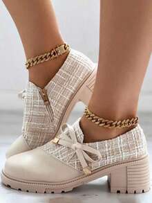 New Women's High Heels, Formal Style, Thick Plaid & Patchwork Details Design, Decorated With Bow And Chunky Heel, Creating A Retro Formal Shoes, Suitable For Parties And Holidays - Beige - View 2