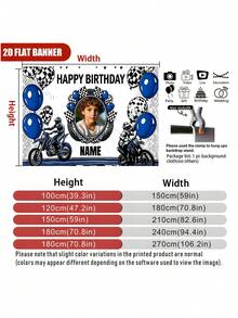 可定制姓名及照片的越野摩托车锦标赛生日快乐背景幕布，黑白旗帜气球设计，适用于比赛、生日派对、墙面装饰、摄影、乙烯基横幅道具 - 黑色 - 查看 5