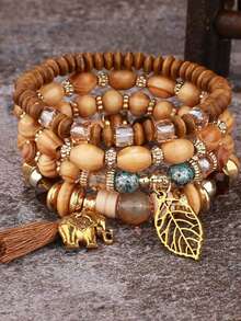 Bộ 4 vòng tay phong cách Bohemian mặt lá và voi, hạt gỗ, tua rua - Màu cà phê - Xem 1