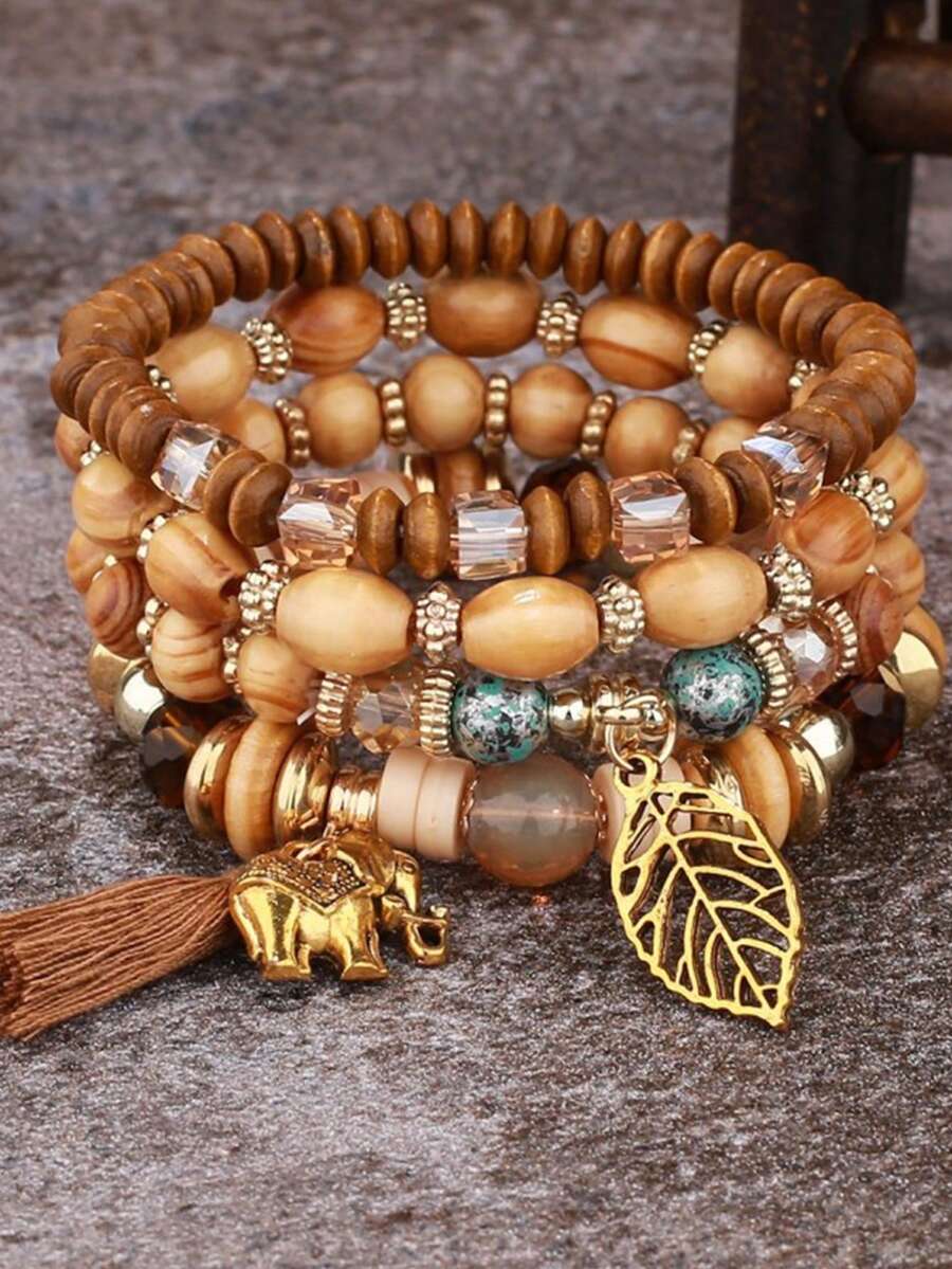 Bộ 4 vòng tay phong cách Bohemian mặt lá và voi, hạt gỗ, tua rua - Màu cà phê - Xem 1