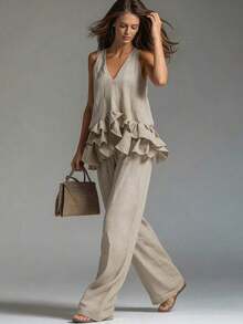 Conjunto de camiseta de tirantes con volantes + pantalones - Caqui - Ver 3