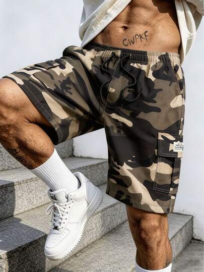 Quần short nam dáng rộng, cạp chun, nhiều màu sắc, kiểu cargo, màu rằn ri, phong cách retro, thích hợp cho mùa xuân/hè.