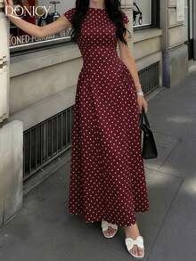女士酒红色波点新款春夏立领短袖长裙 - 褶皱腰身和喇叭裙摆，柔软浪漫优雅休闲，适合办公室、派对、情人节约会等场合。 - 酒紅色 - 查看 2