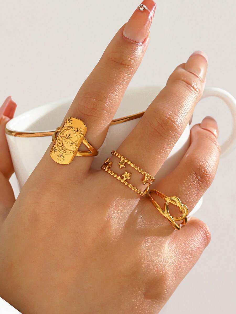 3pcs Stainless Steel Minimalist Star & Moon Open Ring Set, Suitable For Women's Daily, Party, Gathering Wear - Yellow Gold - View 1